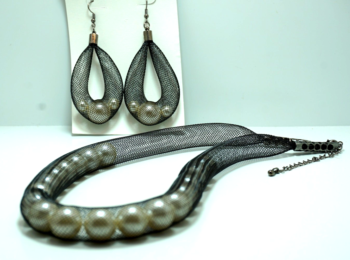 Black mesh necklace with faux pearl beads and matching earrings set - $19.99