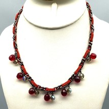 Vivid Bohemian Leather BIb Necklace, Mixed Media Gray and Red Bead Drops - £22.37 GBP