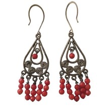 Chandelier Red Beaded Earrings Gypsy Hippie Statement Dangle Boho Silver Tone  - £13.52 GBP