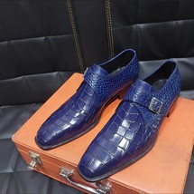 Handmade Men&#39;s Bespoke Embossed Alligator Leather Blue Monk Strap Dress Shoes - £146.14 GBP+