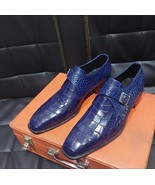 Handmade Men's Bespoke Embossed Alligator Leather Blue Monk Strap Dress Shoes - $179.99 - $199.99