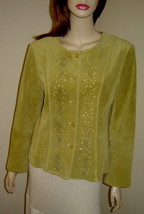 J.JILL Pale Lemongrass Green Sueded Leather Jacket w/ Floral Cut-Outs (S) - £15.45 GBP