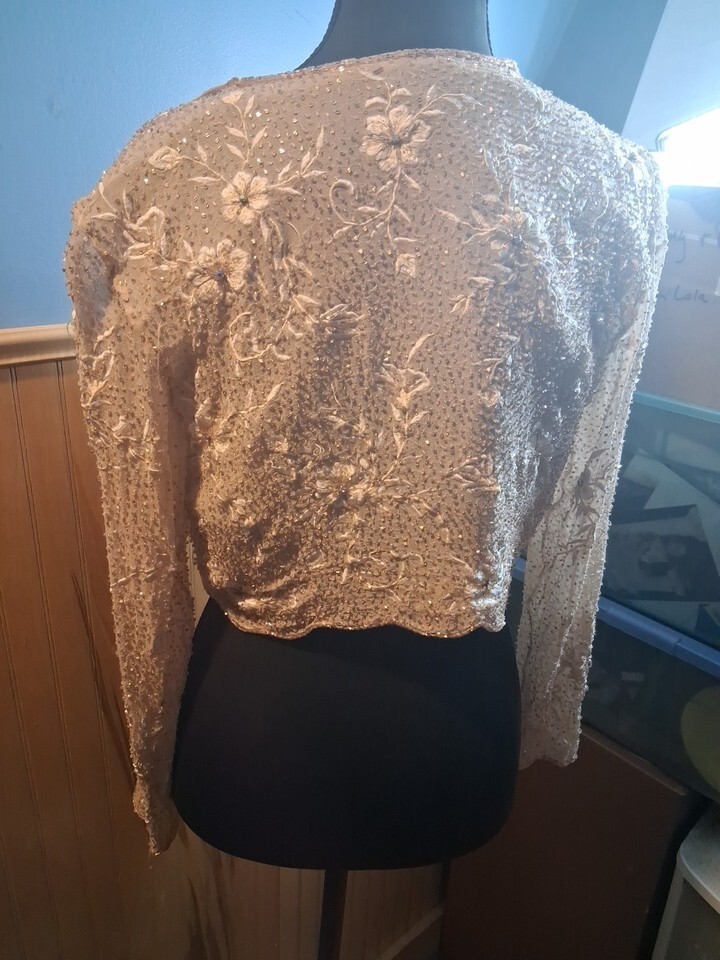 Silk Beaded Jacket Formal Wedding Cocktail Party Size 6 Beige Long Sleeve Floral Item image 4