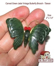 Vintage Butterfly Pin Carved Green Jade Brooch Taiwan Pin - £54.63 GBP
