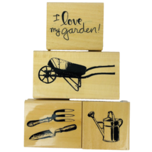 Anita&#39;s I Love My Garden Rubber Stamp Set of 4 Wheelbarrow Watering Can Tools  - £23.44 GBP