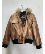 Vintage Y2K Rocawear Copper Bronze Leather Jacket Coat with Hood Buttons... - $99.95