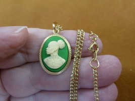 CA30-80 RARE African American LADY green + ivory CAMEO brass Pendant necklace - £19.78 GBP
