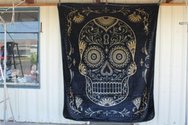 Sugar Skull Skulls Day Of The Dead Los Muertos Black Gold Queen Size Blanket - £49.02 GBP