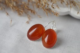 Red agate earrings, Oval gemstone earrings, Red orange silver, Cabochon, Stone h - £24.64 GBP