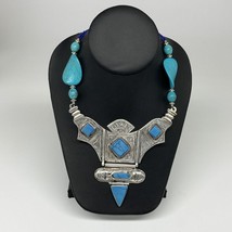 Turkmen Necklace Antique Afghan Tribal Blue Turquoise Inlay V-Neck, Necklace T51 - £23.45 GBP
