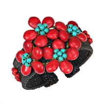 Cotton Rope Floral Luxury Turquoise-Red Coral Gemstone Cuff - £15.18 GBP