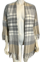 Helene London Gray, Tan, Off White Plaid Fringed Lined Open Jacket Sz XS - $23.74