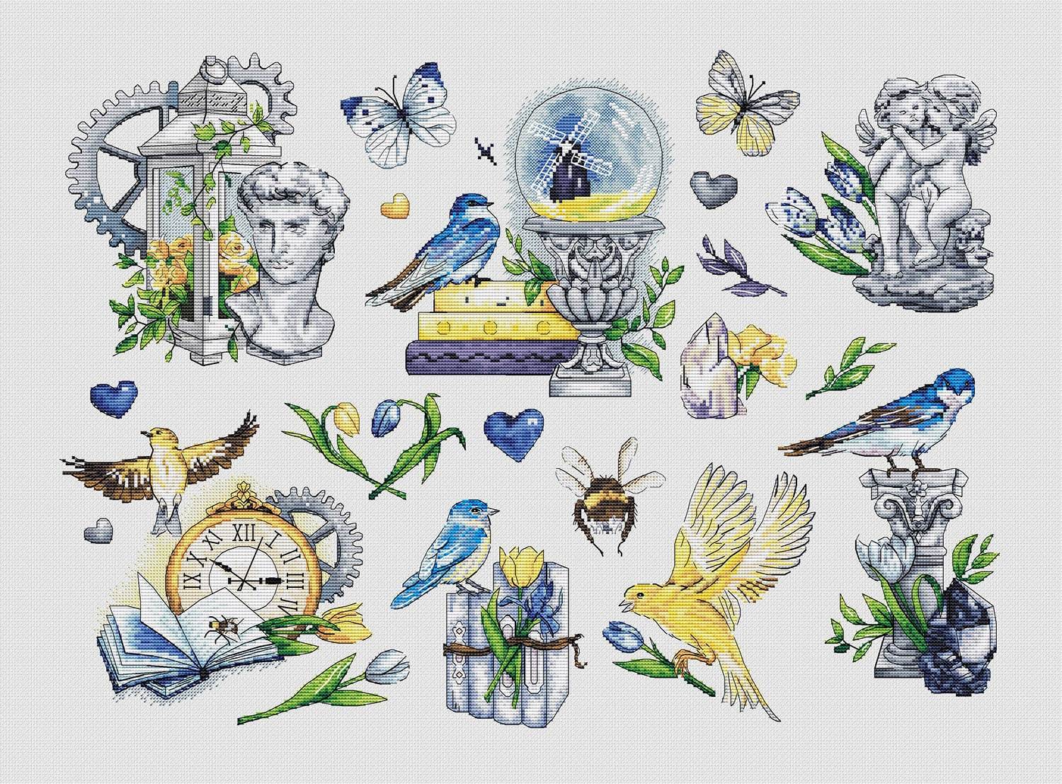 Birds cross stitch woodland pattern pdf - Bird forest cross stitch spring - $23.79