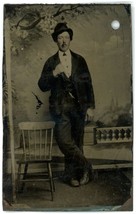 CIRCA 1860&#39;S 1/6 Plate Hand Tinted TINTYPE Man in Suit &amp; Tie Wearing Hat - £13.20 GBP