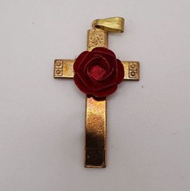 Religious Jesus Crucifix Cross Gold Tone Red Rose Pendant - $19.79