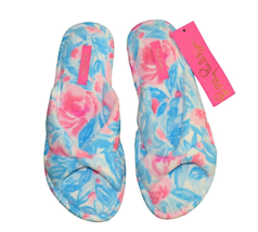 Lilly Pulitzer Bondi Blue My Little Peony Floral Terry Cloth Slippers Si... - £27.53 GBP
