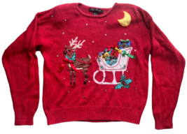 Vintage Ugly Red Christmas Sweater Reindeer and Sleigh Embroidered Size ... - £11.19 GBP