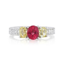 1.70ct GIA Natural Unheated Red Ruby Ring With Fancy Yellow Diamonds Solid 18K - £3,996.06 GBP