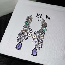 European American Purple Crystal Earrings Pear Cut Long Drop Women Wedding Bride - $21.35