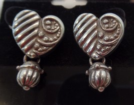 Brighton (Stamped/Signed) Heart & Dangle Vintage Silvertone Post Earrings - $21.78