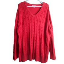 Woman Within Red Cable Knit V neck Sweater Size 2x 26/28 100% Cotton lon... - $401.57 MXN