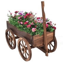 Outdoor Garden Fir Wood Barrel Planter Wagon on Wooden Wheels - $208.49