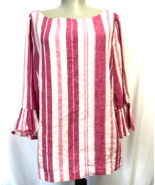 CHARTER CLUB Striped Ruffle-Sleeve Linen Top Pink/White  Womens Size M - £17.38 GBP