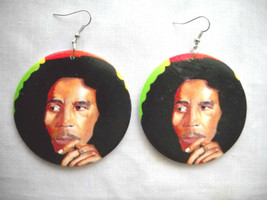 Big In Color Oil Painted Look Bob Marley Rasta Red Yellow &amp; Green Wood Earrings - £6.38 GBP