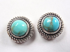 Turquoise Stud Earrings 925 Sterling Silver Round with Double Rope Style Accents - £13.62 GBP