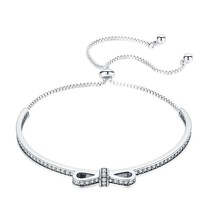 New Arrival 925 Sterling Silver Sparkling Bowknot Chain Adjustable Bracelet Bang - £29.08 GBP