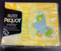 Pequot  FLUTTER-BYE Flat Double Sheet &amp; Pillowcase Yellow Butterfly New Vintage - £31.64 GBP
