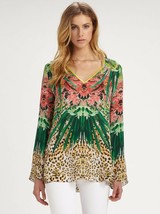ELIE TAHARI Floral Tropical Leopard Print Silk Tunic Blouse Top NEW $328 - $76.30