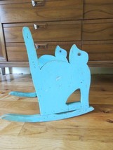 Antique Primitive Blue Green Paint Child&#39;s Vtg Wood Rocking Chair Kitty Cat - £96.75 GBP