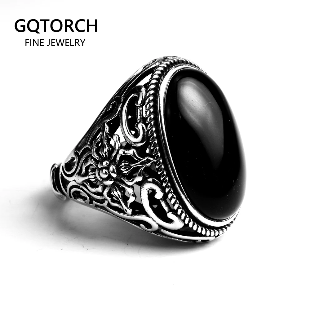 Real Solid 925 Sterling Silver Mens Ring Vintage Punk Style Black Onyx Natural S - £45.90 GBP