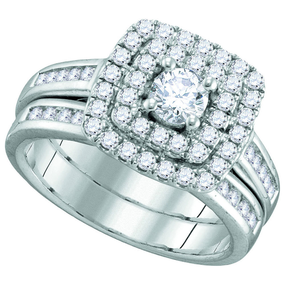 14k White Gold Round Diamond Solitaire Double Halo Bridal Wedding Ring Set - £1,198.01 GBP