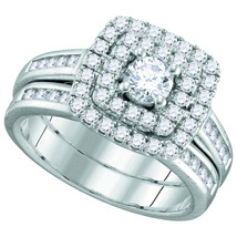 14k White Gold Round Diamond Solitaire Double Halo Bridal Wedding Ring Set - £1,178.74 GBP