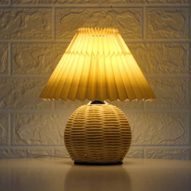 Vintage Rattan Table Lamp with Pleated Fabric Lampshade E27 Tricolored Bulb - $39.92