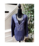 Denim 24/7 Tunic Top Women 24W Navy Blue Eyelet Embellished Boho Festiva... - $37.91 CAD