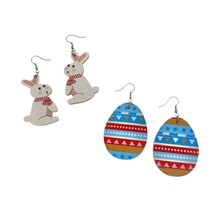 Two pairs Easter Earrings Bunny Rabbit w Red Scarf Easter Eggs Red Blue Yellow - £6.23 GBP