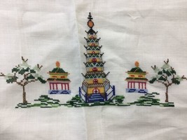 Vintage Japanese Linen Set Tablecloth 9 Napkin Cross Stitch Temple Green... - $58.90