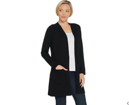 Belle by Kim Gravel X-Small Black Feather Knit Open Front Long Cardigan A309908 - £13.36 GBP