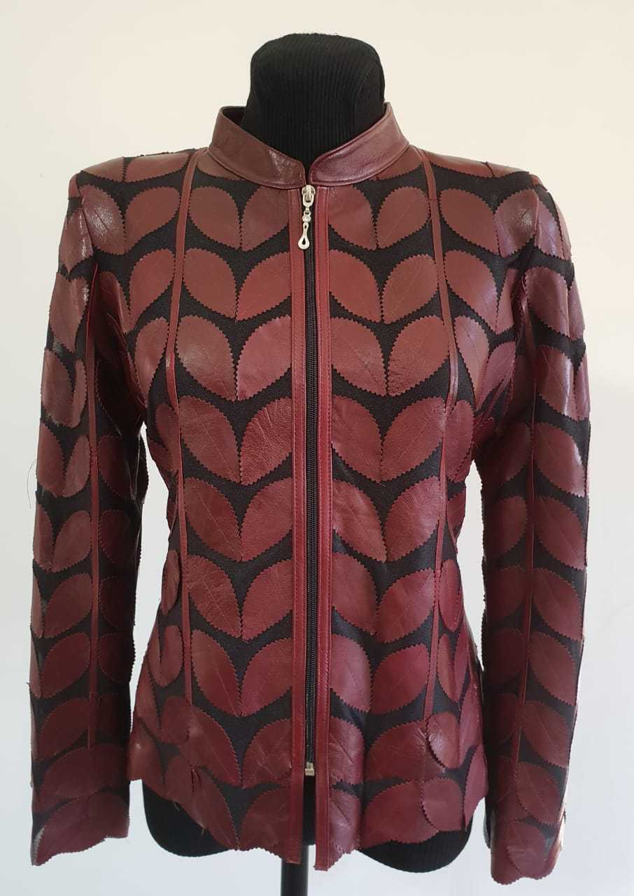 Primary image for Burgundy Leather Leaf Jacket Women All Colors Sizes Genuine Short Zip Light D1