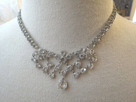 VTG Bezel Set Clear Crystal Necklace Choker Mini Bib Silver Plated Dangle Fringe - £37.36 GBP