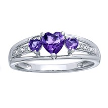 Heart-Shaped Amethyst and Diamond Accent Three Stone Promise Ring 10K White Gold - £525.76 GBP