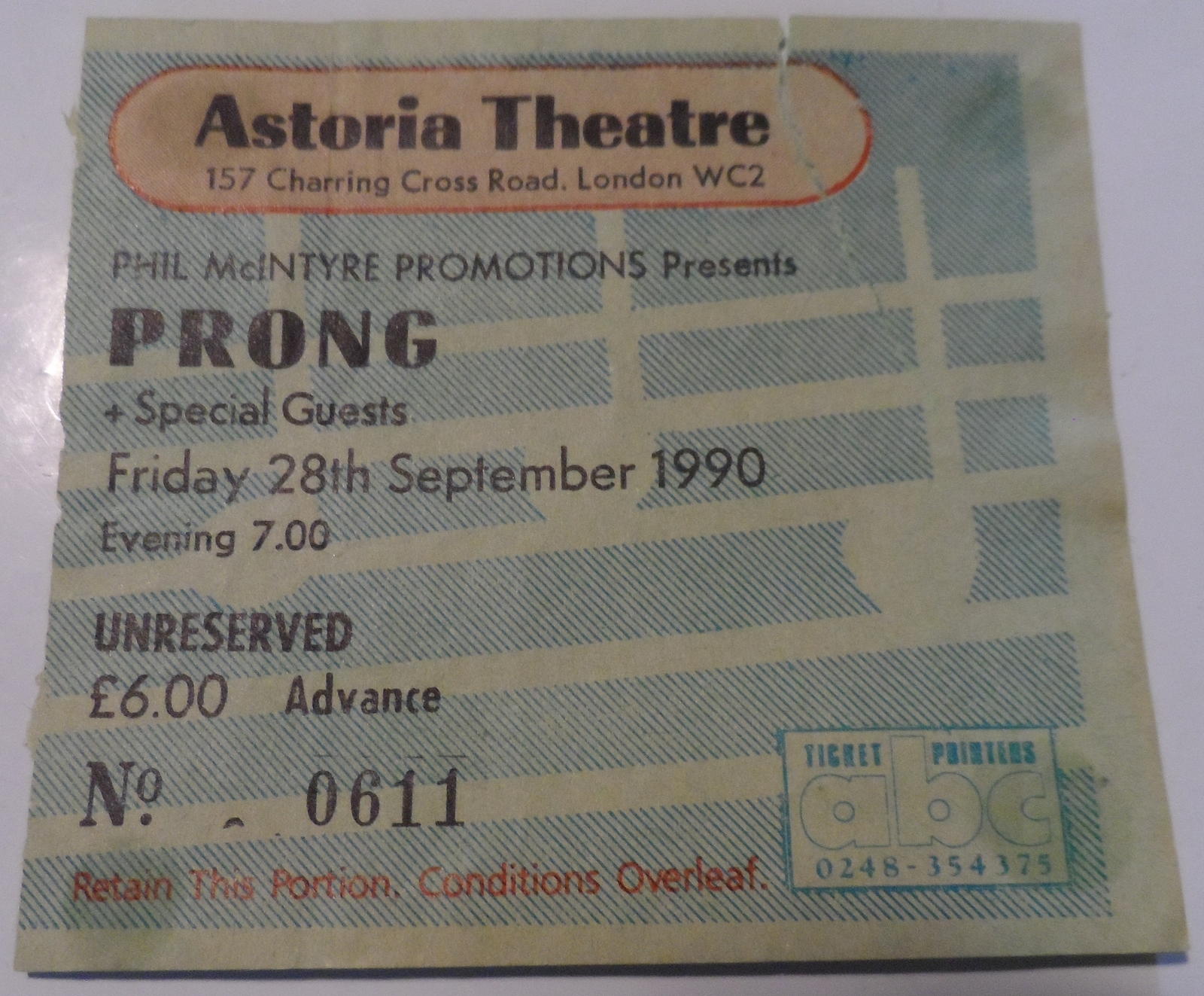Prong 1990 Ticket Stub Original Astoria Theatre London England Tommy Vic... - $9.77