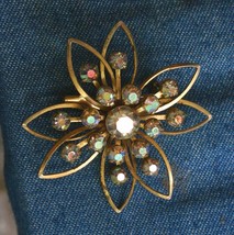 Mid Century Modern Iridescent Rhinestone Goldtone Flower Brooch 1950s vi... - £10.17 GBP