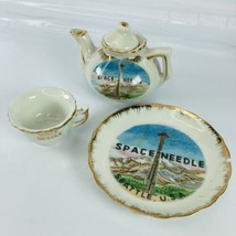 Seattle Space Needle Souvenir Mini Tea Set Gold Rim Pot Saucer Cup VTG  - £10.69 GBP