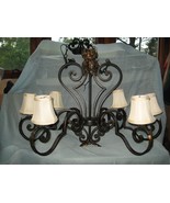 VTG 6 Light LARGE Wrought Iron Brass Candle Chandelier Fabric Shades MID... - £196.65 GBP
