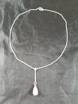 Vintage Womens Silver Tone 16&quot; Necklace Clear Stone Teardrop Pendant Ring Latch - £22.28 GBP
