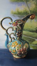 H Bequet Quaregnon Turquoise And Gold Pitcher Vase Made In Belgium 323 - £99.52 GBP